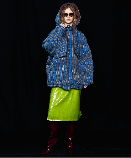 Plaid Hoodie Scarf Middle Down Coat/チェックフーディマフラーミドル