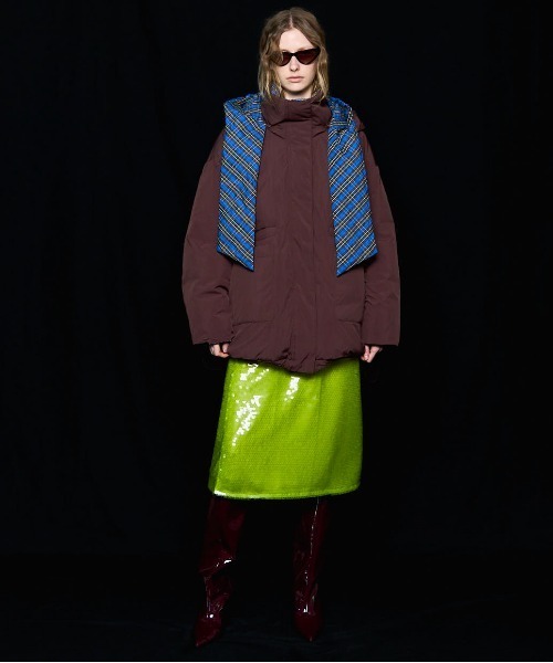 Plaid Hoodie Scarf Middle Down Coat/チェックフーディマフラーミドル