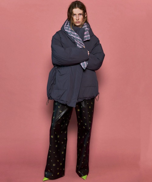 Plaid Hoodie Scarf Middle Down Coat 今季新作 Plaid Hoodie Scarf Middle Down Coat/チェックフーディマフラーミドル