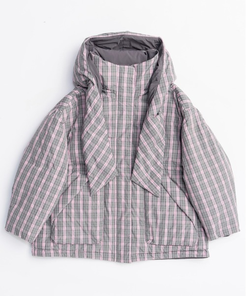 Plaid Hoodie Scarf Middle Down Coat/チェックフーディマフラーミドル