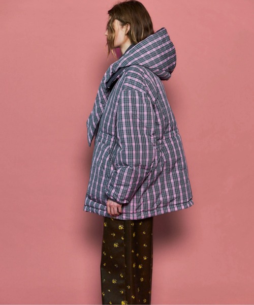 Plaid Hoodie Scarf Middle Down Coat/チェックフーディマフラーミドル