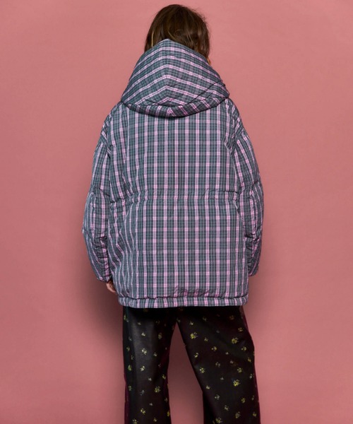 Plaid Hoodie Scarf Middle Down Coat/チェックフーディマフラーミドル