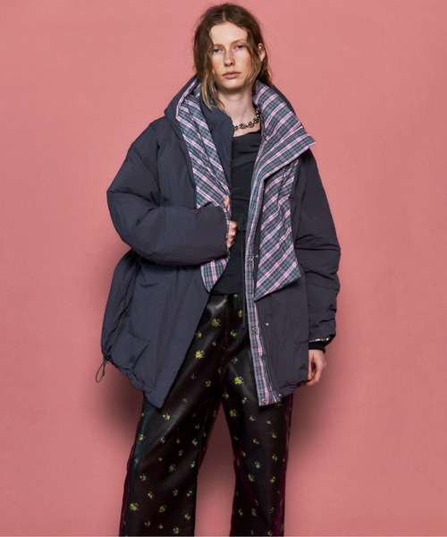 Plaid Hoodie Scarf Middle Down Coat/チェックフーディマフラーミドル