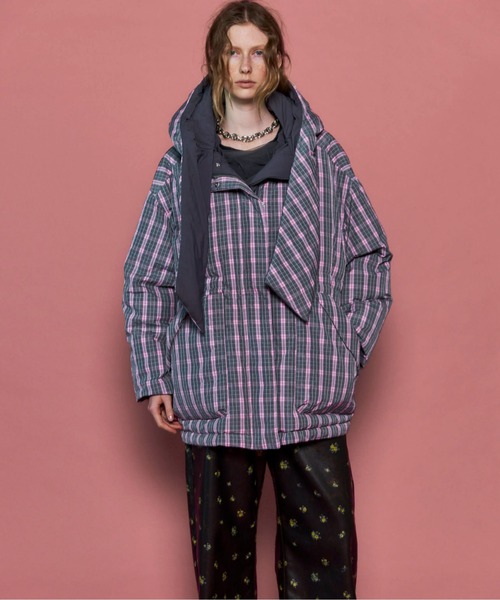 Plaid Hoodie Scarf Middle Down Coat/チェックフーディマフラーミドル