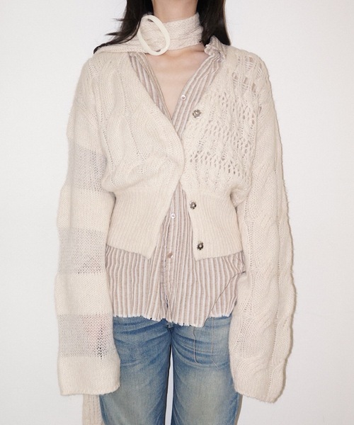 igi(イジ)の「PUZZLE CARDI × BUCKLE COMBO / パズルカーディガン × バックルマフラー(カーディガン/ボレロ・レディース・アイボリー/ライトパープル/オリーブ・FREE)」の3枚目の写真