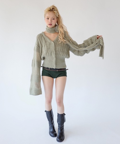 igi(イジ)の「PUZZLE CARDI × BUCKLE COMBO / パズルカーディガン × バックルマフラー(カーディガン/ボレロ・レディース・アイボリー/ライトパープル/オリーブ・FREE)」の9枚目の写真