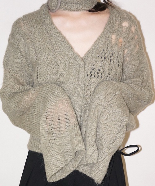 igi(イジ)の「PUZZLE CARDI × BUCKLE COMBO / パズルカーディガン × バックルマフラー(カーディガン/ボレロ・レディース・アイボリー/ライトパープル/オリーブ・FREE)」の7枚目の写真