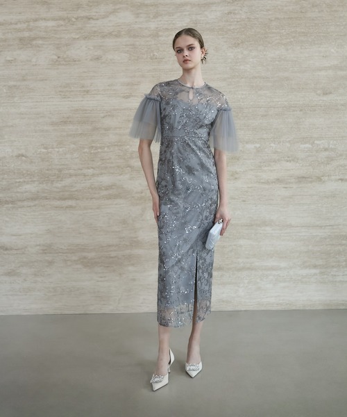 セール】【LEJA】フラワースパンコールチュールスリーブIラインドレス