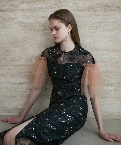 Leja(レジャ)の「【LEJA】フラワースパンコールチュールスリーブIラインドレスワンピース美脚効果結婚式 パーティードレス 成人式 二次会 同窓会 お呼ばれ オケージョン 20代 30代(ドレス・レディース・ブラック/グレー・SMALL/MEDIUM)」の15枚目の写真
