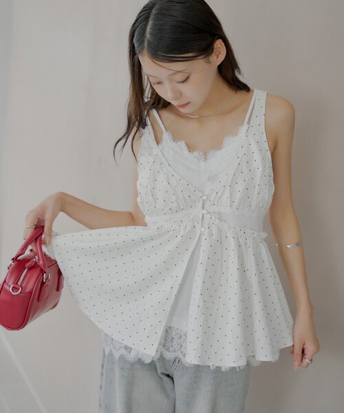 全国即完売✨ 45R❣️レインボーチャメレイオンベタッチプリントのMキャミ EIZZ/アイズ】大人可愛い レーストリム リブキャミソール