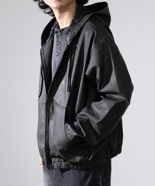 セール】【SETUP7】ウォッシュ加工PUレザー ジップフーディー 320457