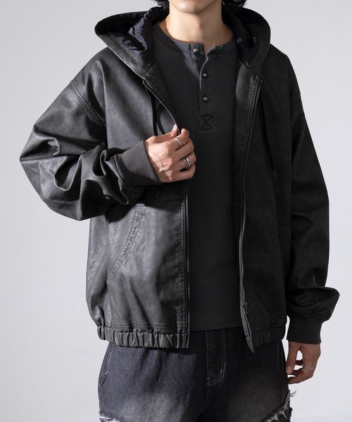 セール】【SETUP7】ウォッシュ加工PUレザー ジップフーディー 320457