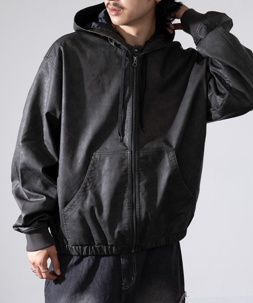 セール】【SETUP7】ウォッシュ加工PUレザー ジップフーディー 320457