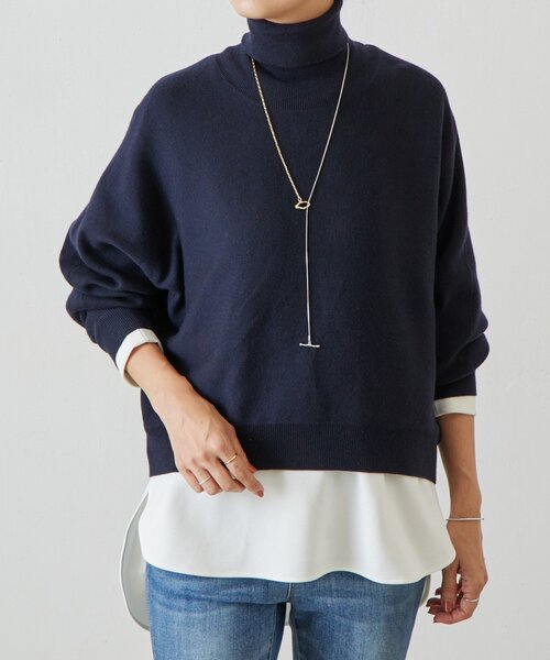 ビアズリー　15 quinze　かぎ針フリルコットンニット ネイビー ハイネック BEARDSLEY（ビアズリー）の「ハイネックドルマンニット（ニット