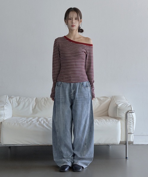 セール】ストライプボーダーアシンメトリーオフショルダースリム