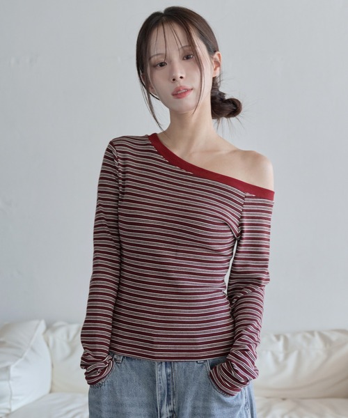 セール】ストライプボーダーアシンメトリーオフショルダースリム