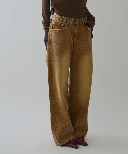 ELLEgirl（エルガール）の「スタッズデニムワイドパンツ【ELLEgirl/エルガール】（デニムパンツ・レディース・ブラウン/サックスブルー・S/M/L）」の13枚目の写真