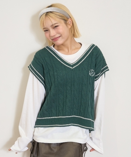 LOVETOXIC（ラブトキシック）の「【GOODPRICE】ケーブルニットTシャツSET（アンサンブル・キッズ・オフホワイト/トップグレー/グリーン/ネイビー・S:140cm/M:150cm/L:160cm/130cm）」の3枚目の写真