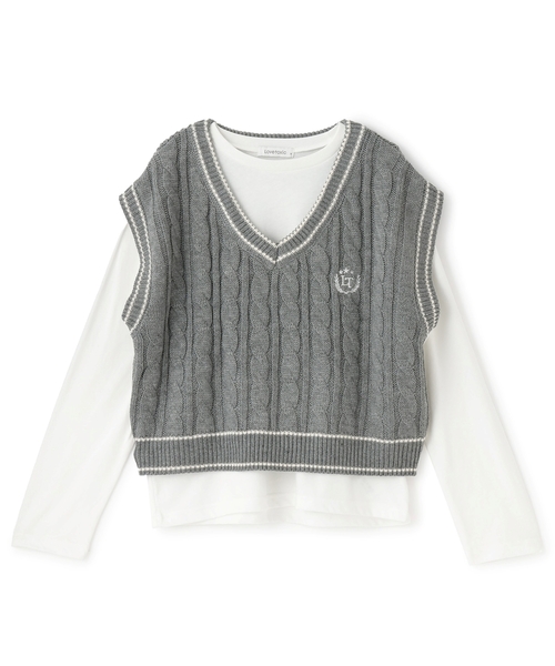 LOVETOXIC（ラブトキシック）の「【GOODPRICE】ケーブルニットTシャツSET（アンサンブル・キッズ・オフホワイト/トップグレー/グリーン/ネイビー・S:140cm/M:150cm/L:160cm/130cm）」の2枚目の写真