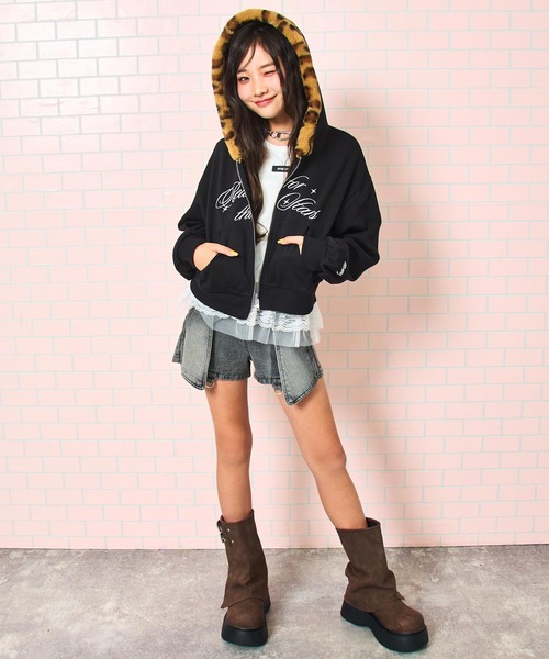 ANAP GｉRL（アナップガール）の「ヒョウ柄 ファー付 フーディー パーカー【キッズお揃い】（パーカー・キッズ・ピンク/ブラック/ライトグレー・M/S/XS）」の10枚目の写真