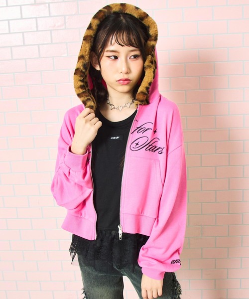ANAP GｉRL（アナップガール）の「ヒョウ柄 ファー付 フーディー パーカー【キッズお揃い】（パーカー・キッズ・ピンク/ブラック/ライトグレー・M/S/XS）」の15枚目の写真