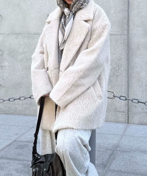 aere ★シャギージャケットコート セール】♪ダブルにゆるっとビッグサイズ シャギージャケットコート