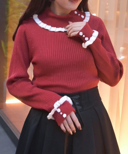 axes femme(アクシーズファム)の「バイカラーフリルローズニット(ニット/セーター・レディース・ホワイト/ピンク/ミント/レッド/ダークブラウン・FREE)」の5枚目の写真