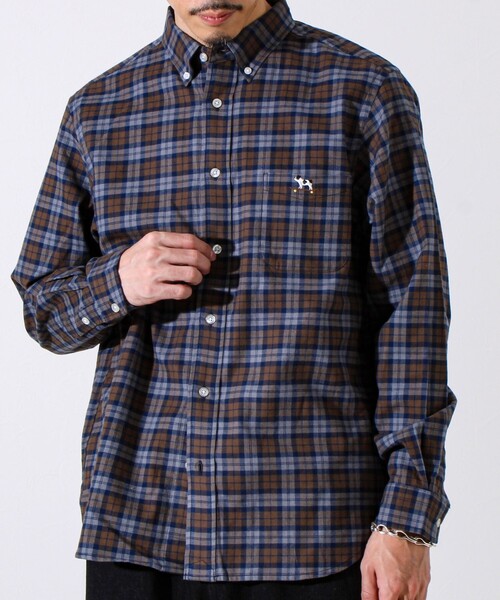 GLOSTER（グロスター）の「【定番フレブルシリーズ】フレンチブルドッグ刺繍 ボタンダウンネルシャツ（シャツ/ブラウス・メンズ・ブラウン系その他/グレー系その他/ブルー/ネイビー/グリーン系その他・S/M/L）」の3枚目の写真