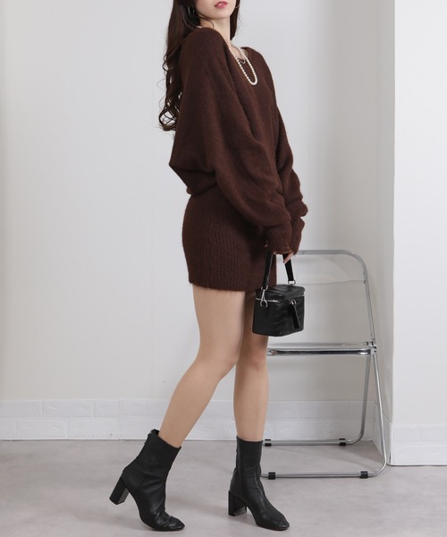 太ベルト付 ニットミニ ワンピース 2WAYネック（ワンピース）｜pumpkin