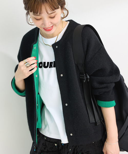 B.C STOCK（ベーセーストック）の「《追加2》2層スムース編みニットブルゾン（カーディガン/ボレロ・レディース・チャコールグレー/ブラック/ブラウン/ベージュ・FREE）」の2枚目の写真