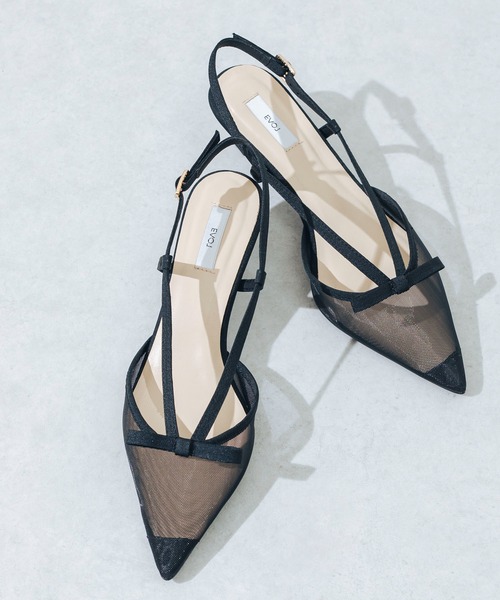 EVOL（イーボル）の「【柔らかい・ふかふか】シアーチュール4.5cmリボンバックバンドパンプス CA23856（パンプス・レディース・ベージュ/ブラック・22.0cm/22.5cm/23.0cm/23.5cm/24.0cm/24.5cm/25.0cm）」の2枚目の写真