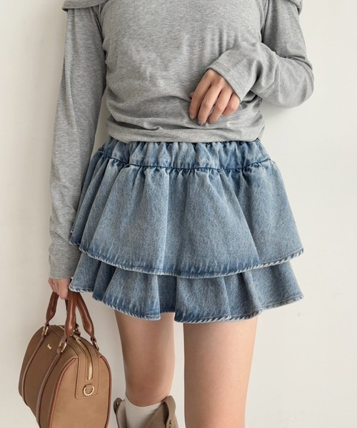 one after another NICE CLAUP（ワンアフターアナザーナイスクラップ）の「【REVIVAL】WEB限定/セットアップ対応/ティアードミニスカート（デニムスカート・レディース・サックスブルー/ネイビー・FREE）」の2枚目の写真