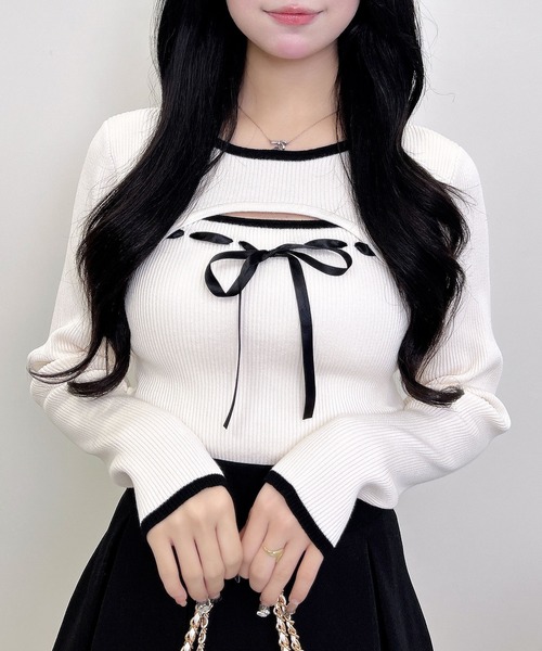 INGNI（イング）の「デコルテオープンリブニット（ニット/セーター・レディース・ピンク系2/ブラック×ホワイト/ホワイト×ブラック・M）」の5枚目の写真