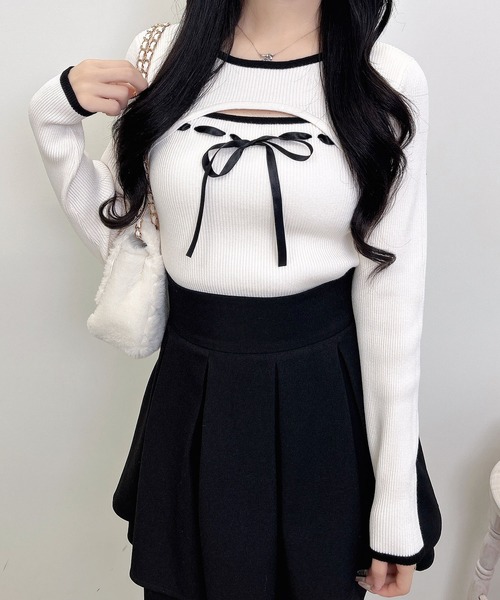 INGNI（イング）の「デコルテオープンリブニット（ニット/セーター・レディース・ピンク系2/ブラック×ホワイト/ホワイト×ブラック・M）」の6枚目の写真