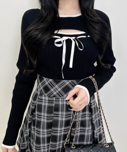 INGNI（イング）の「デコルテオープンリブニット（ニット/セーター・レディース・ピンク系2/ブラック×ホワイト/ホワイト×ブラック・M）」の11枚目の写真