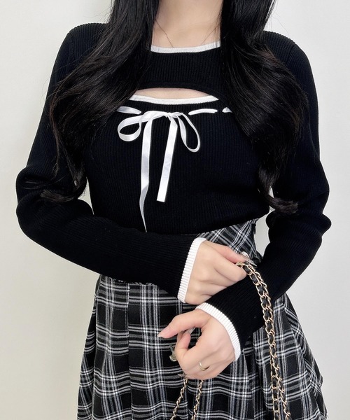 INGNI（イング）の「デコルテオープンリブニット（ニット/セーター・レディース・ピンク系2/ブラック×ホワイト/ホワイト×ブラック・M）」の12枚目の写真