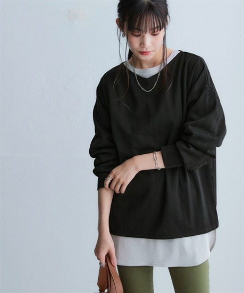 nissen（ニッセン）の「テクスチャーリブジャガードカットソーゆるシルエットプルオーバー（吸汗速乾・UVカット）＜大きいサイズ有＞（Tシャツ/カットソー・レディース・グリーン/ブラック/チョコ/オフホワイト/ダークグレー・3L/LL/L/M/S）」の2枚目の写真