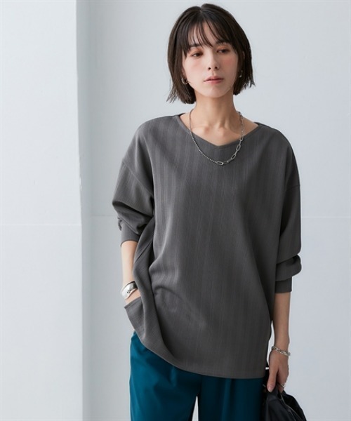 nissen（ニッセン）の「テクスチャーリブジャガードカットソーゆるシルエットプルオーバー（吸汗速乾・UVカット）＜大きいサイズ有＞（Tシャツ/カットソー・レディース・グリーン/ブラック/チョコ/オフホワイト/ダークグレー・3L/LL/L/M/S）」の20枚目の写真