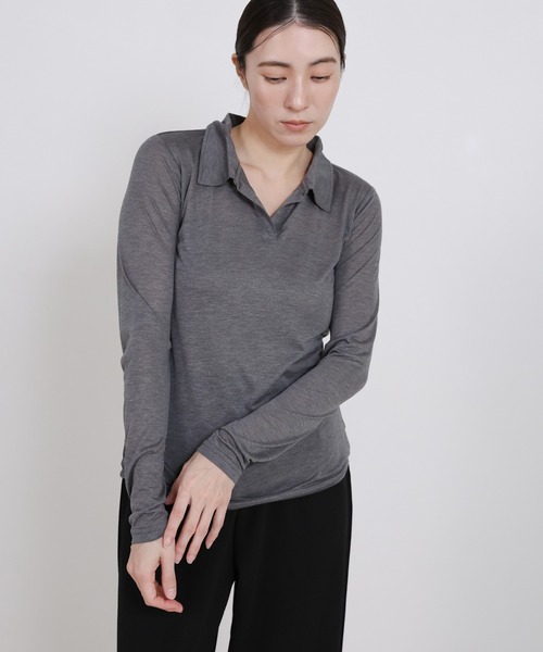 select MOCA（セレクトモカ）の「2WAYソフトシアースキッパーポロトップス（Tシャツ/カットソー・レディース・オフホワイト/チャコールグレー・FREE）」の2枚目の写真