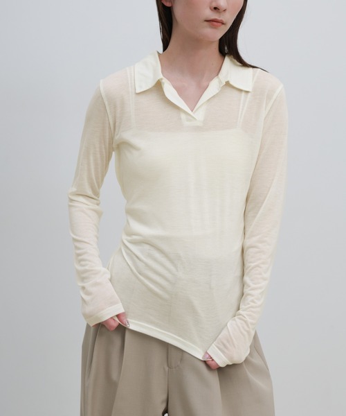 select MOCA（セレクトモカ）の「2WAYソフトシアースキッパーポロトップス（Tシャツ/カットソー・レディース・オフホワイト/チャコールグレー・FREE）」の5枚目の写真