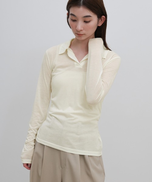 select MOCA（セレクトモカ）の「2WAYソフトシアースキッパーポロトップス（Tシャツ/カットソー・レディース・オフホワイト/チャコールグレー・FREE）」の8枚目の写真