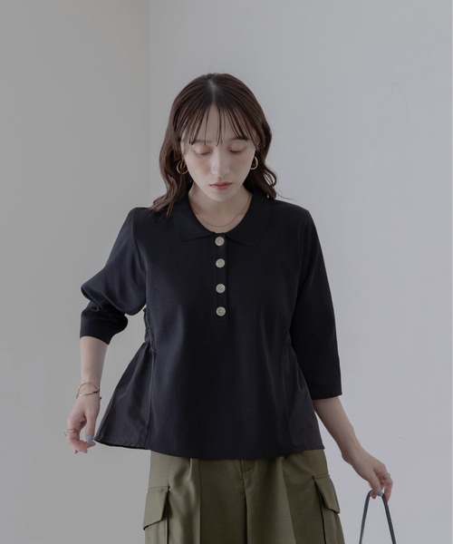 Eimee Law(エイミーロウ)の「シャーリングフレア切替ポロニットトップス(ニット/セーター・レディース・ライトグレー/ブラック/アイボリー・FREE)」の15枚目の写真