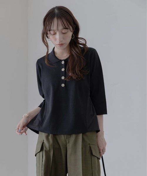 Eimee Law(エイミーロウ)の「シャーリングフレア切替ポロニットトップス(ニット/セーター・レディース・ライトグレー/ブラック/アイボリー・FREE)」の21枚目の写真