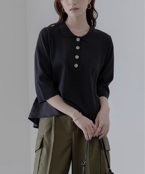 Eimee Law(エイミーロウ)の「シャーリングフレア切替ポロニットトップス(ニット/セーター・レディース・ライトグレー/ブラック/アイボリー・FREE)」の22枚目の写真