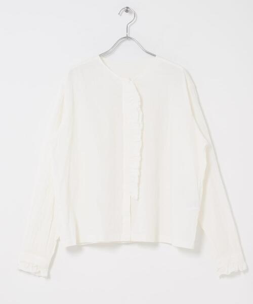 かぐれ（カグレ）の「コットンリネンフリルブラウス（シャツ/ブラウス・レディース・オフホワイト/チェック/ネイビー・FREE）」の5枚目の写真