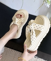 ドット柄リボン厚底サンダルレディース美脚