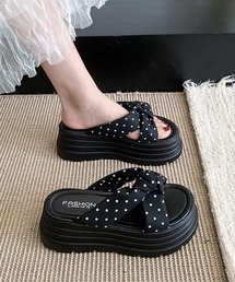 ドット柄リボン厚底サンダルレディース美脚