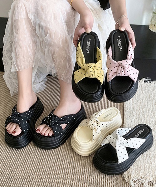 Miniministore(ミニミニストア)の「ドット柄リボン厚底サンダルレディース美脚(サンダル・レディース・ブラック/アイボリー/ピンク/ホワイト/イエロー・23.5cm/22.5cm/24.0cm/23.0cm/24.5cm)」の7枚目の写真