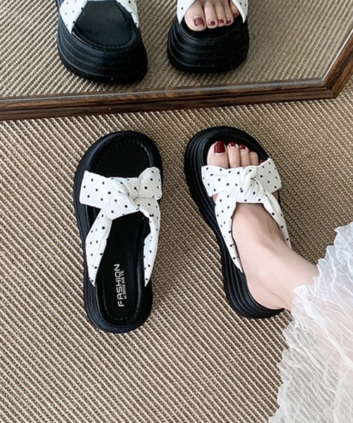 Miniministore(ミニミニストア)の「ドット柄リボン厚底サンダルレディース美脚(サンダル・レディース・ブラック/アイボリー/ピンク/ホワイト/イエロー・23.5cm/22.5cm/24.0cm/23.0cm/24.5cm)」の12枚目の写真