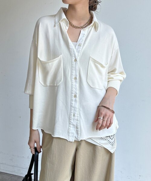 DouDou（ドゥドゥ）の「【WEB限定】ニット異素材切替シャツ（ニット/セーター・レディース・オフホワイト/ブラック・FREE）」の2枚目の写真